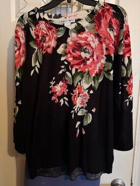 Rebecca Malone Black Sweater with Coral Pink Floral Print